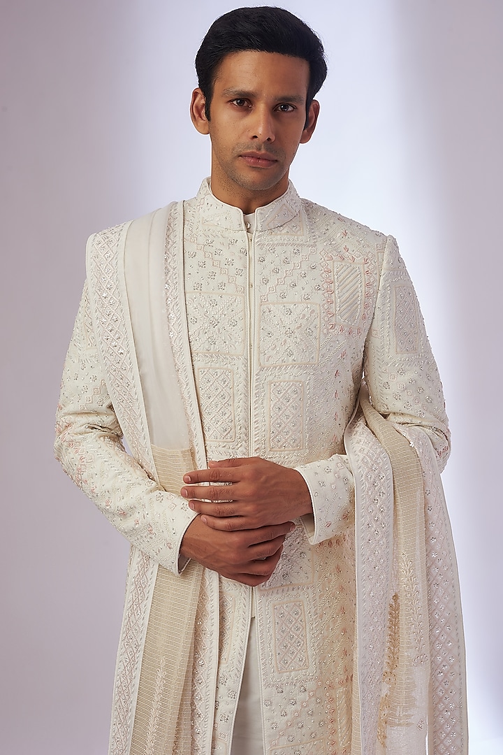 Ivory Organza & Silk Embroidered Groom Sherwani Set by Sarab Khanijou at Pernia's Pop Up Shop