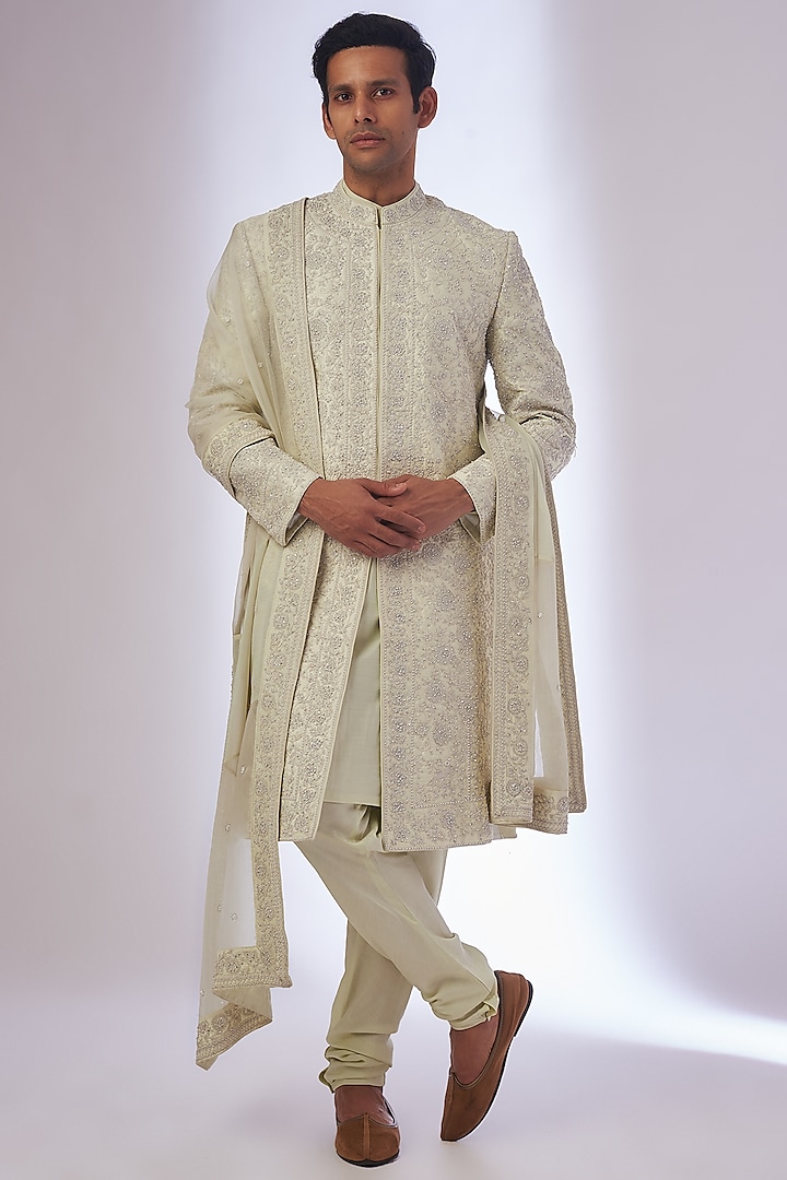 Ivory Organza & Silk Embroidered Sherwani Set by Sarab Khanijou