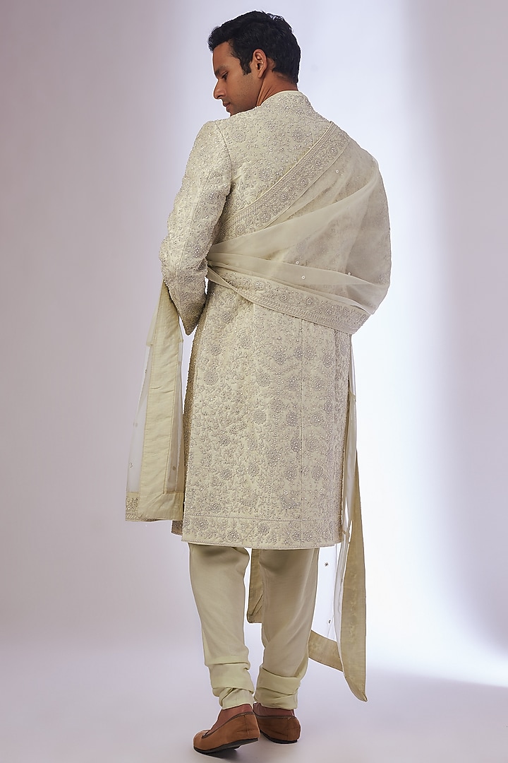 Ivory Organza & Silk Embroidered Groom Sherwani Set by Sarab Khanijou at Pernia's Pop Up Shop