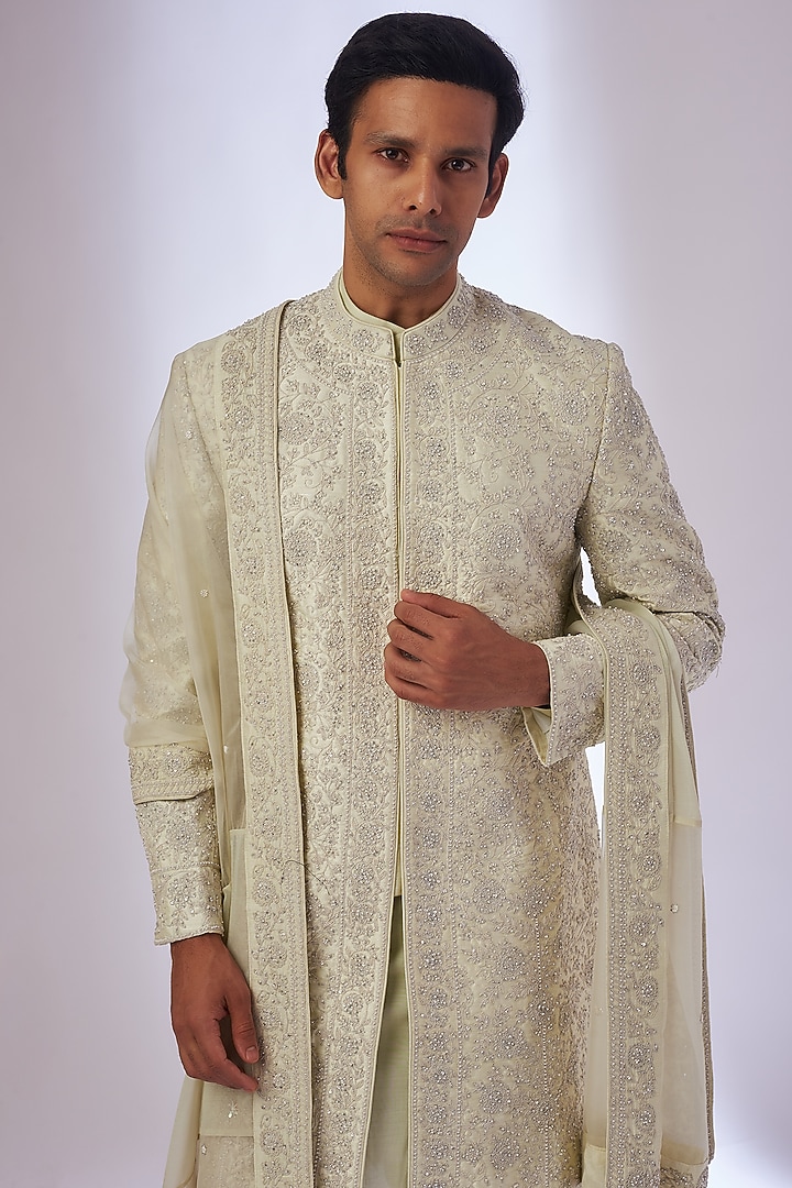 Ivory Organza & Silk Embroidered Groom Sherwani Set by Sarab Khanijou at Pernia's Pop Up Shop