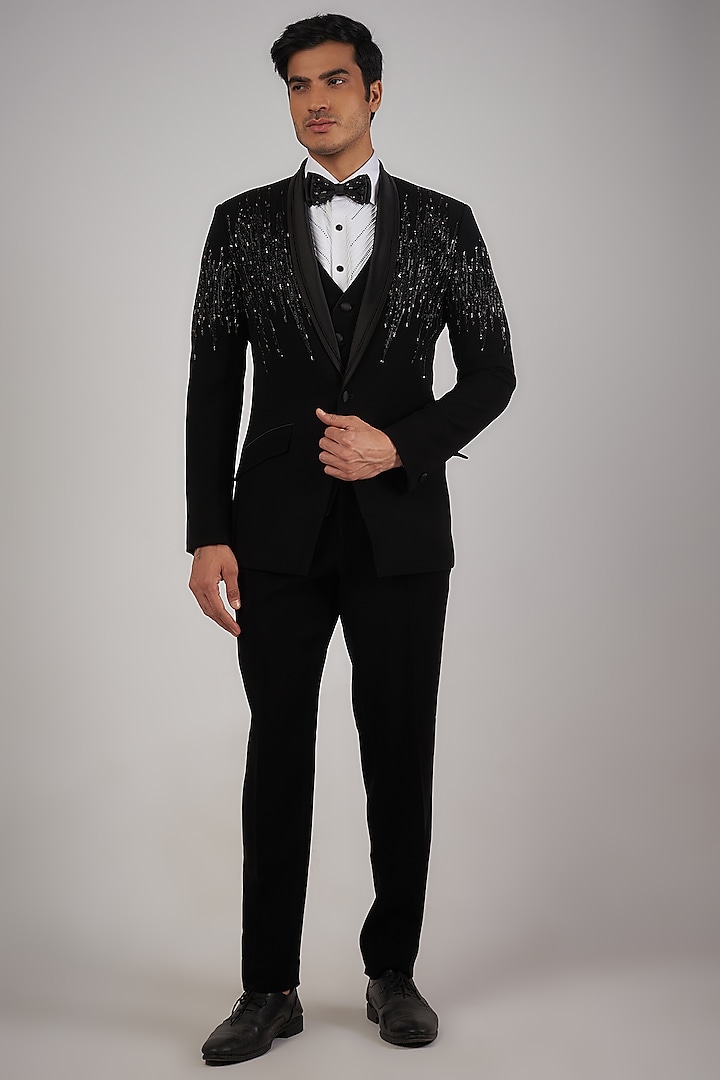 Black Sandwash Pearl Embroidered Tuxedo Set by Sarab Khanijou at Pernia's Pop Up Shop