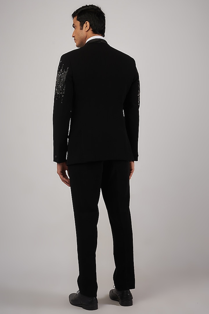Black Sandwash Pearl Embroidered Tuxedo Set by Sarab Khanijou at Pernia's Pop Up Shop
