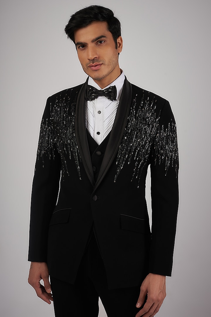Black Sandwash Pearl Embroidered Tuxedo Set by Sarab Khanijou at Pernia's Pop Up Shop