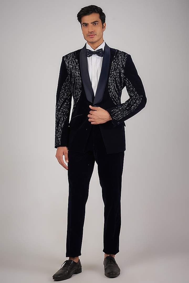 Navy Blue Velvet Sequins Embroidered Tuxedo Set by Sarab Khanijou