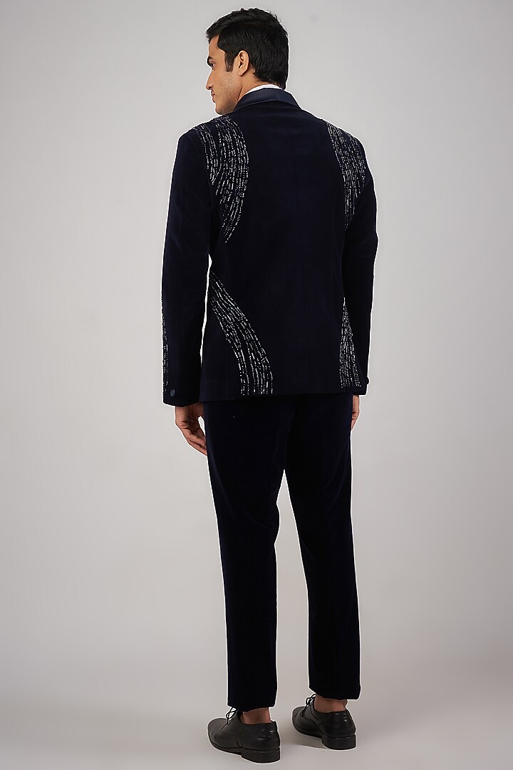 Navy Blue Velvet Sequins Embroidered Tuxedo Set by Sarab Khanijou at Pernia's Pop Up Shop