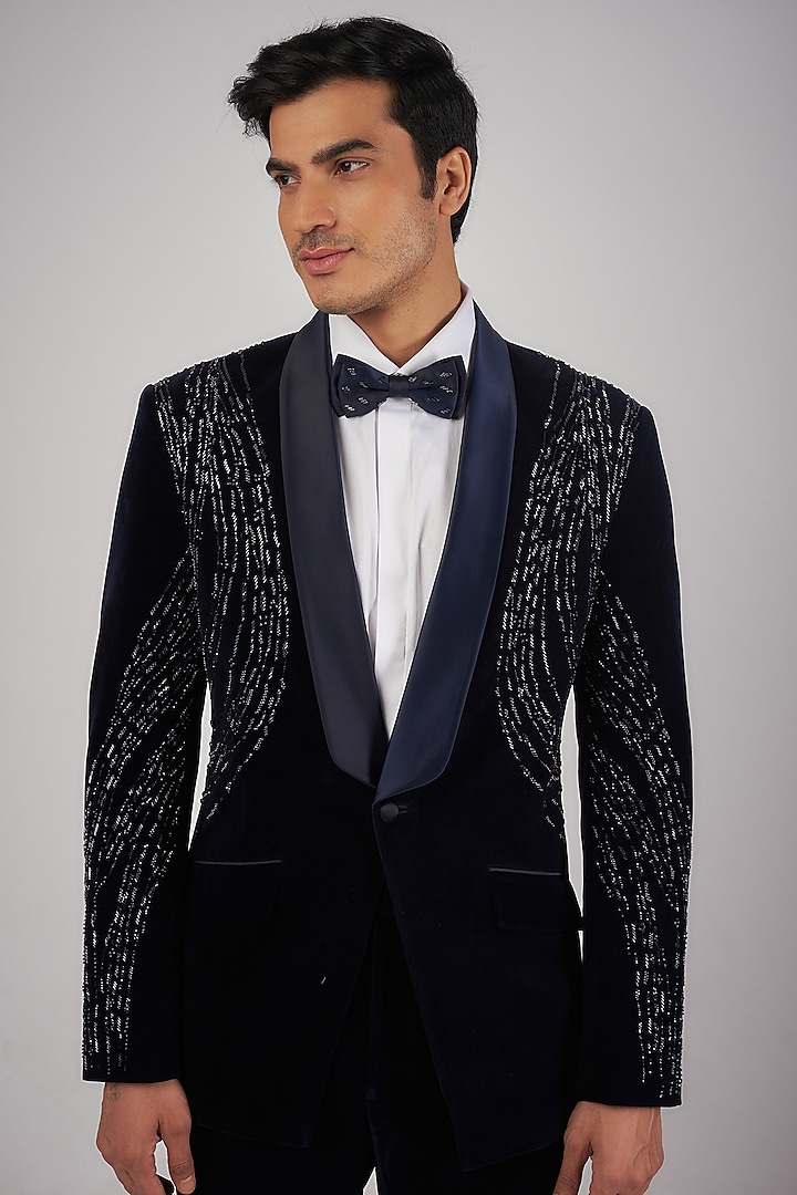 Navy Blue Velvet Sequins Embroidered Tuxedo Set by Sarab Khanijou at Pernia's Pop Up Shop