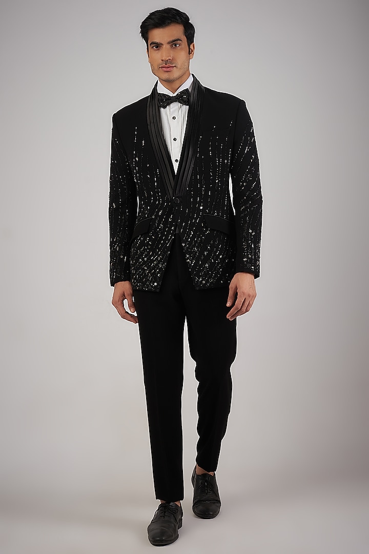 Black Sandwash Pearl Embroidered Tuxedo Set by Sarab Khanijou