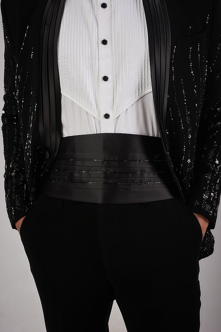Black Sandwash Pearl Embroidered Tuxedo Set by Sarab Khanijou at Pernia's Pop Up Shop