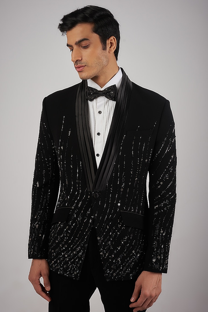 Black Sandwash Pearl Embroidered Tuxedo Set by Sarab Khanijou at Pernia's Pop Up Shop