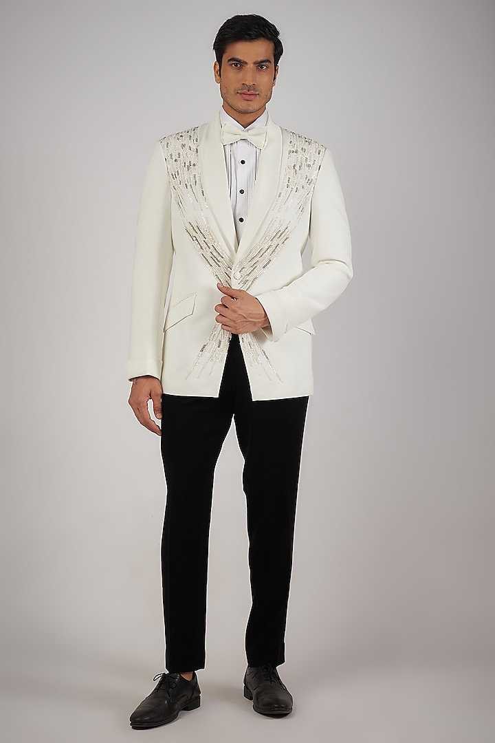 Off-White Sandwash Pearl Embroidered Tuxedo Set by Sarab Khanijou