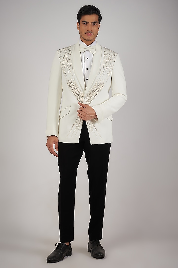 Off-White Sandwash Pearl Embroidered Tuxedo Set by Sarab Khanijou at Pernia's Pop Up Shop