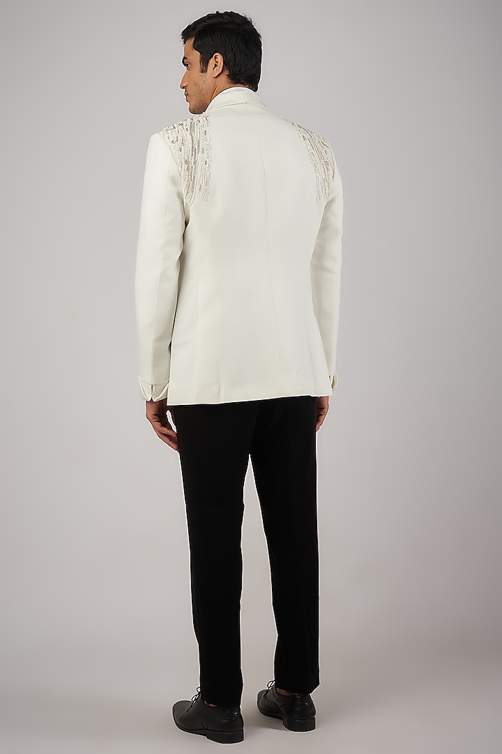 Off-White Sandwash Pearl Embroidered Tuxedo Set by Sarab Khanijou at Pernia's Pop Up Shop