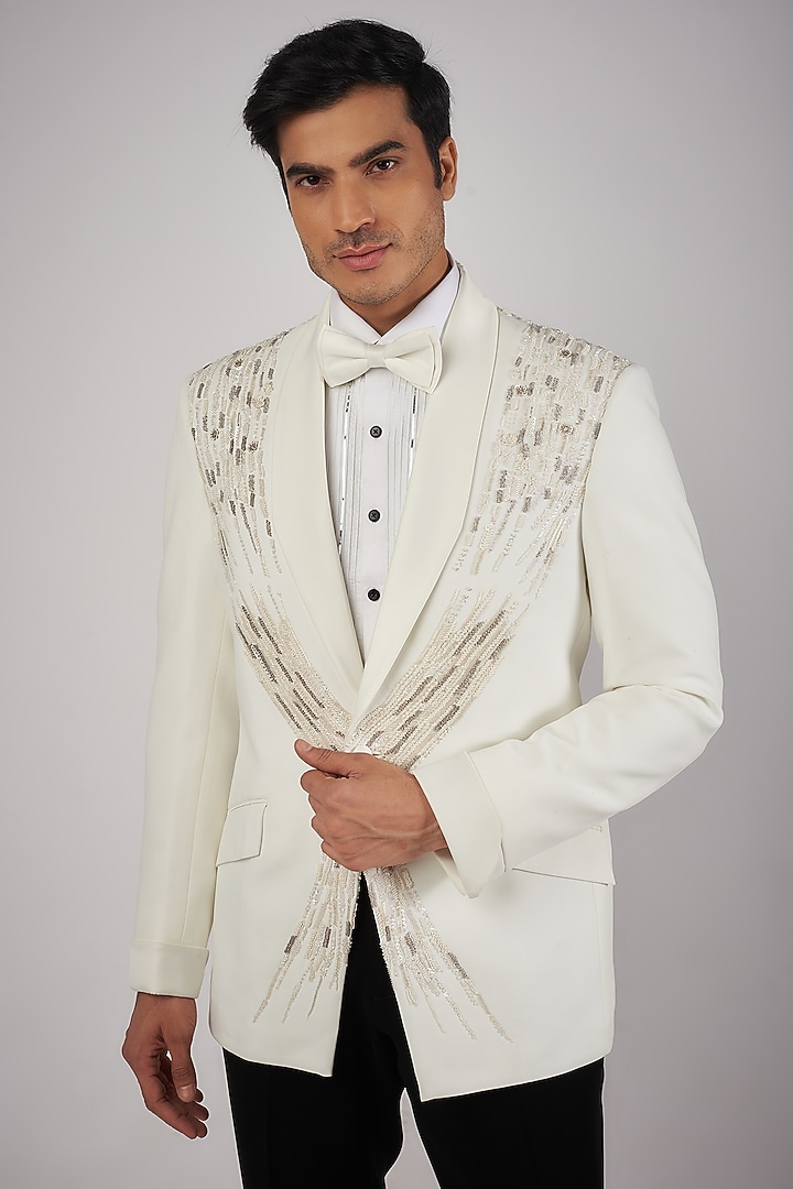 Off-White Sandwash Pearl Embroidered Tuxedo Set by Sarab Khanijou at Pernia's Pop Up Shop