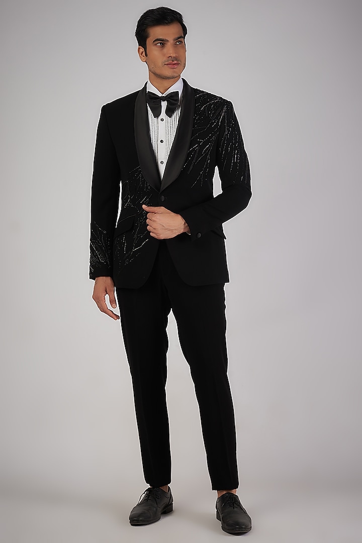 Black Sandwash Pearl Embroidered Tuxedo Set by Sarab Khanijou at Pernia's Pop Up Shop