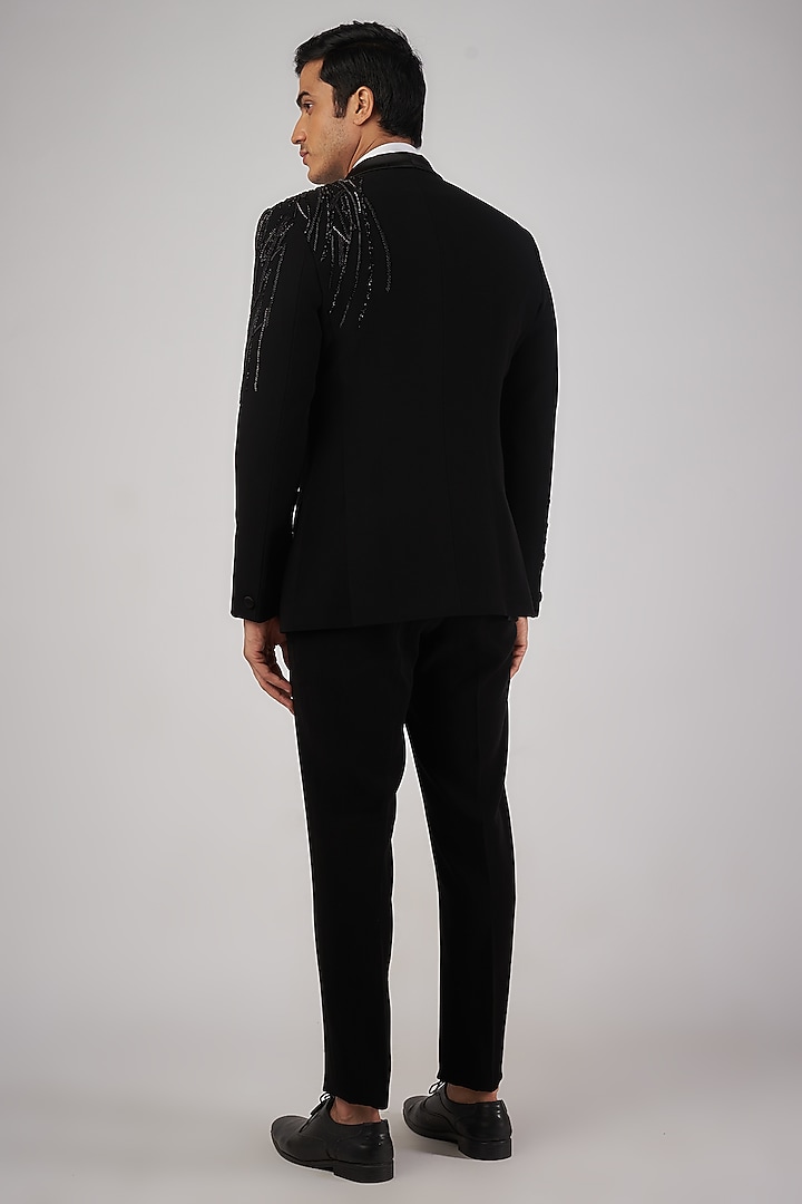 Black Sandwash Pearl Embroidered Tuxedo Set by Sarab Khanijou at Pernia's Pop Up Shop