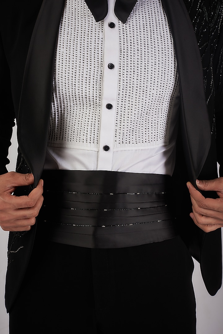 Black Sandwash Pearl Embroidered Tuxedo Set by Sarab Khanijou at Pernia's Pop Up Shop
