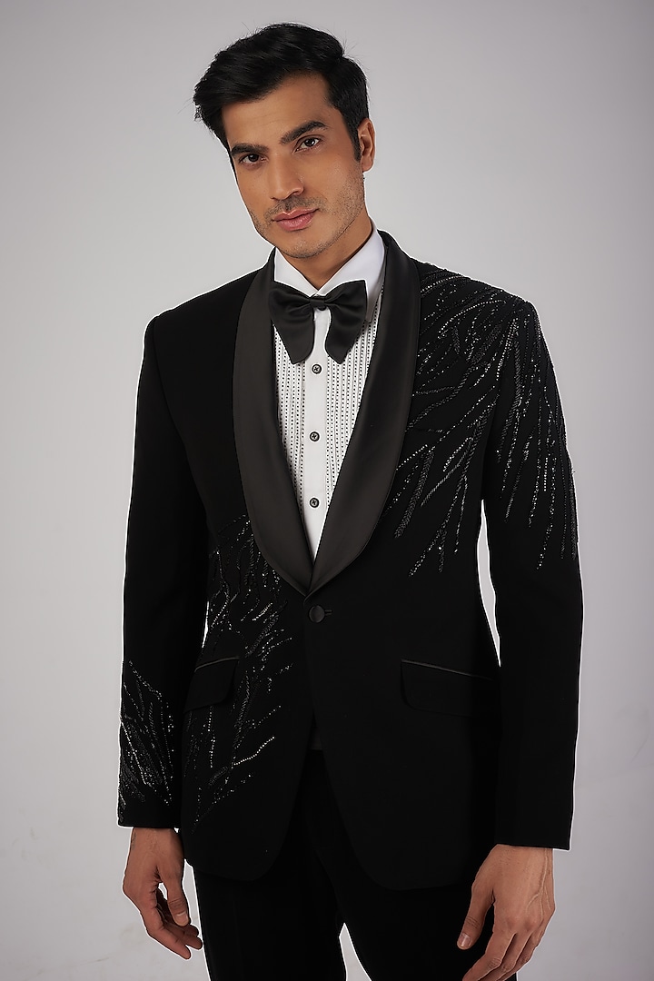 Black Sandwash Pearl Embroidered Tuxedo Set by Sarab Khanijou at Pernia's Pop Up Shop