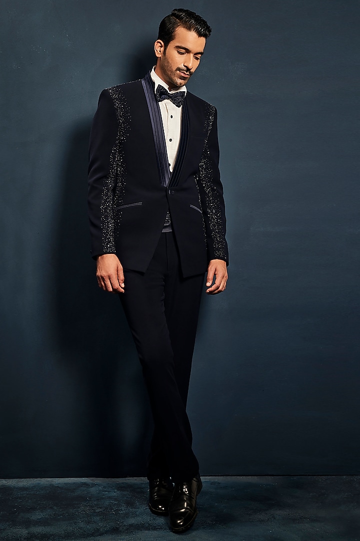 Navy Blue Sandwash Sequins Embroidered Tuxedo Set by Sarab Khanijou at Pernia's Pop Up Shop