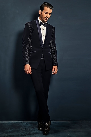 Navy Blue Sandwash Sequins Embroidered Tuxedo Set by Sarab Khanijou
