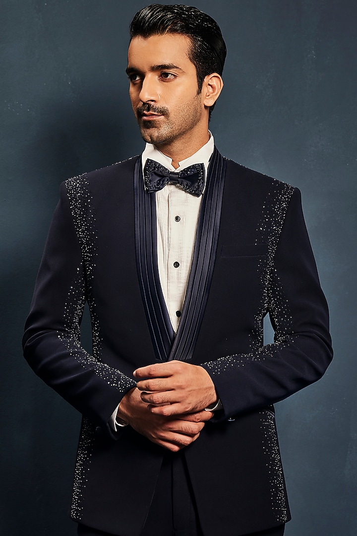 Navy Blue Sandwash Sequins Embroidered Tuxedo Set by Sarab Khanijou at Pernia's Pop Up Shop
