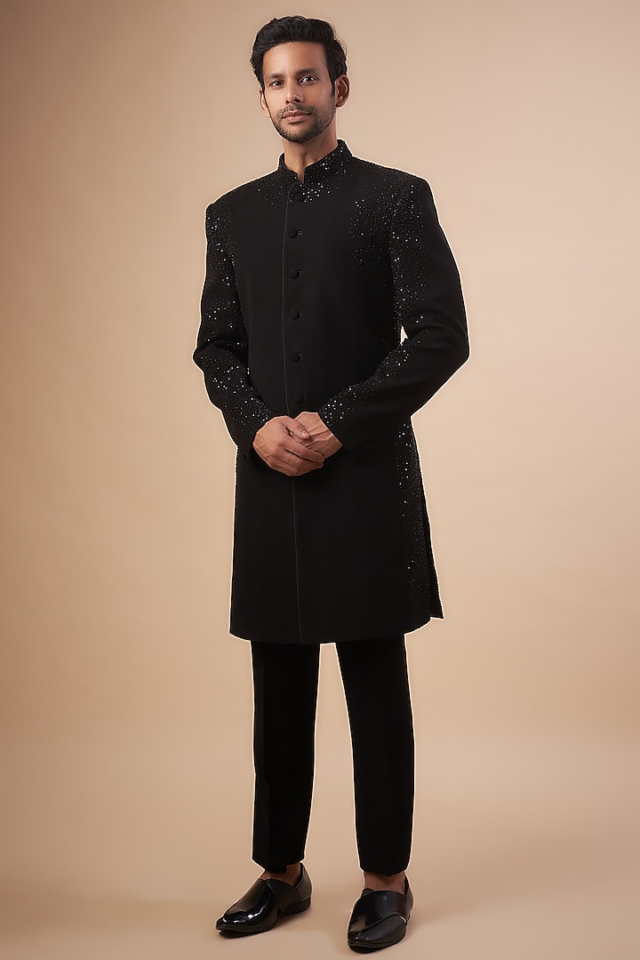 Black Sandwash Embroidered Indowestern Set by Sarab Khanijou