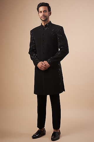 Black Sandwash Embroidered Indowestern Set by Sarab Khanijou