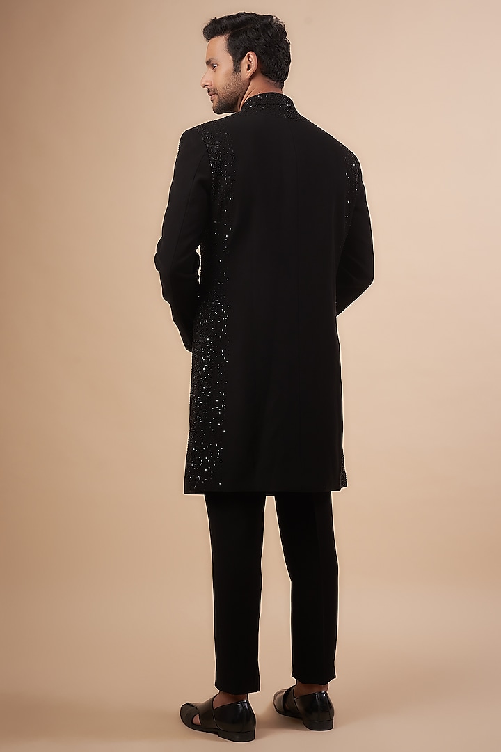 Black Sandwash Embroidered Groom Indowestern Set by Sarab Khanijou at Pernia's Pop Up Shop