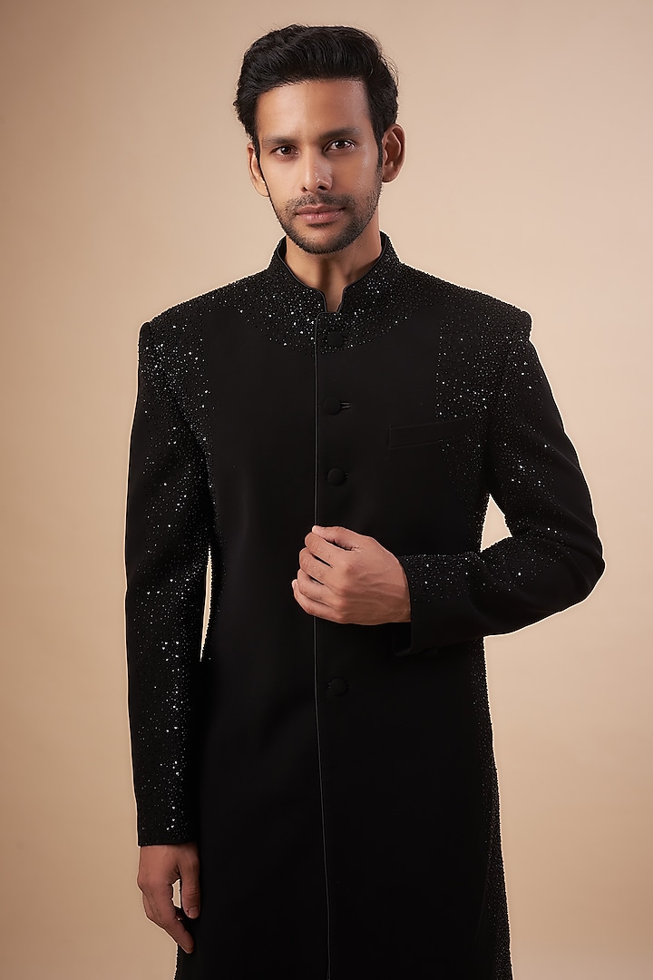 Black Sandwash Embroidered Groom Indowestern Set by Sarab Khanijou at Pernia's Pop Up Shop
