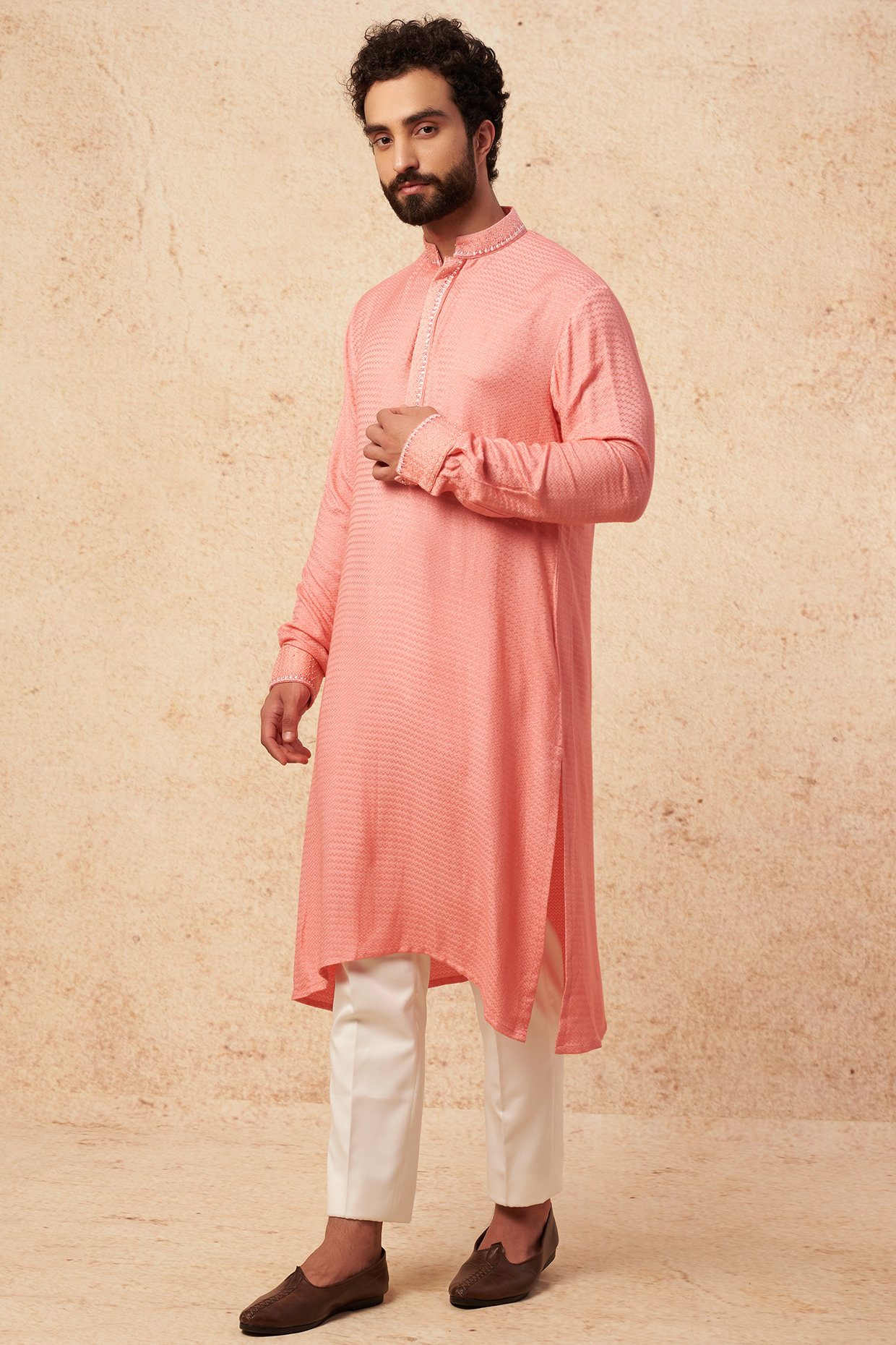 Peach Herringbone Pearl Embroidered Kurta Set by Sarab Khanijou