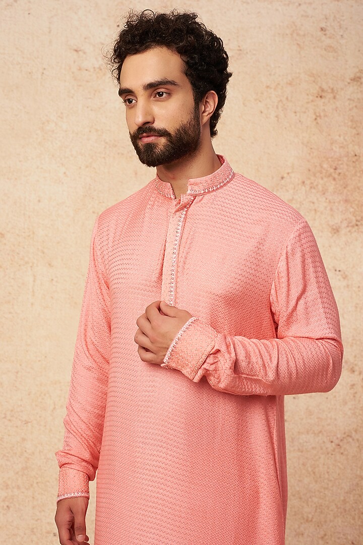 Peach Herringbone Pearl Embroidered Kurta Set by Sarab Khanijou at Pernia's Pop Up Shop