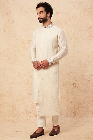 Off-White Poly Silk Embroidered Kurta Set by Sarab Khanijou
