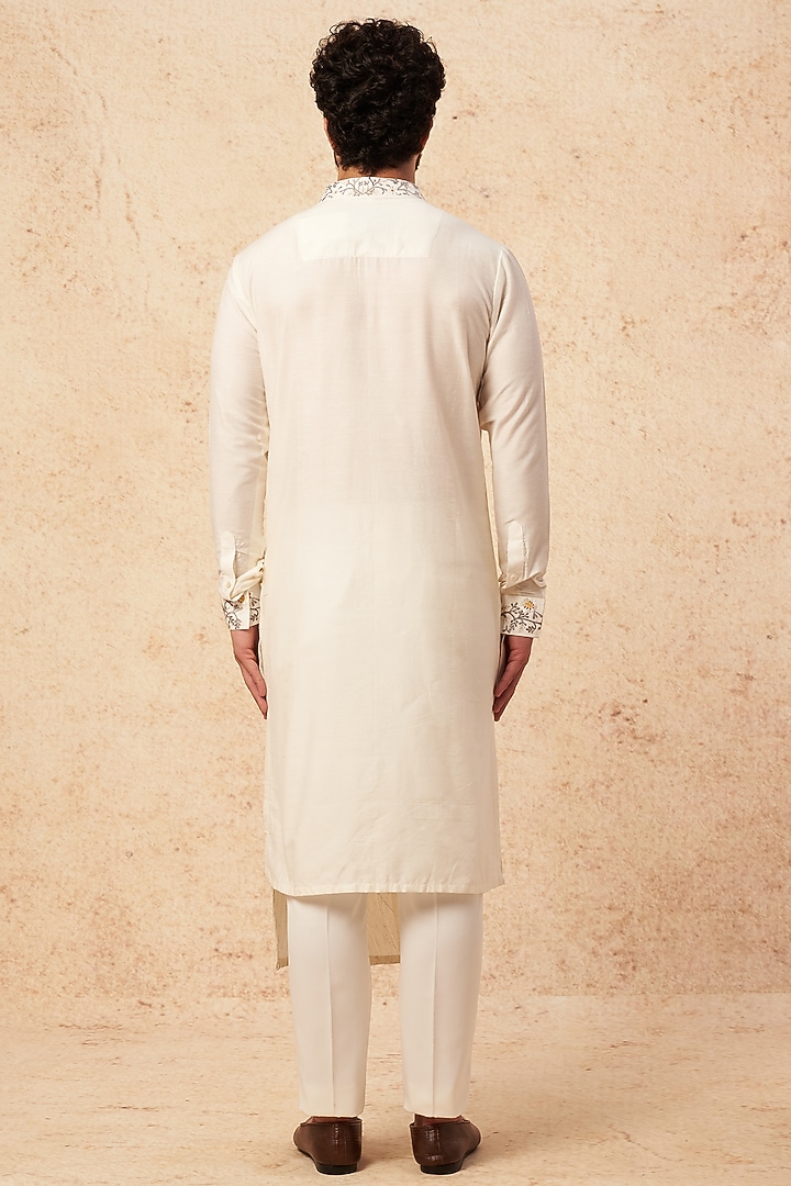 Off-White Poly Silk Embroidered Kurta Set by Sarab Khanijou at Pernia's Pop Up Shop
