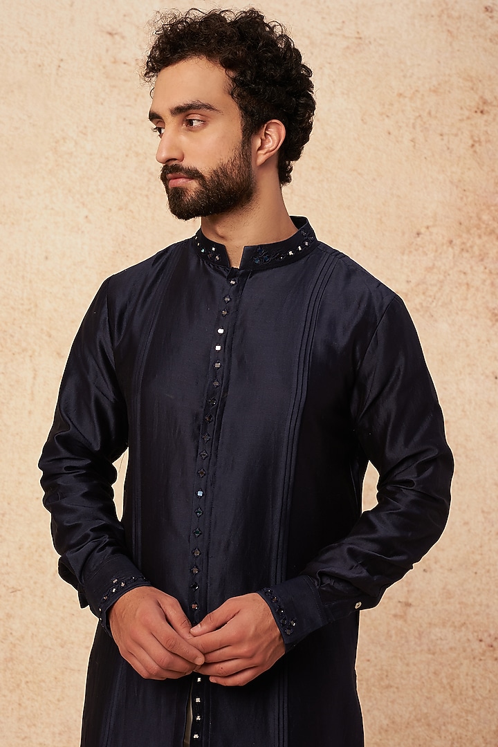Navy Blue Chanderi Mirror Embroidered Kurta Set by Sarab Khanijou at Pernia's Pop Up Shop