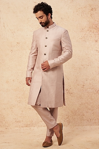 Dusty Rose Raw Silk Embroidered Indowestern Set by Sarab Khanijou