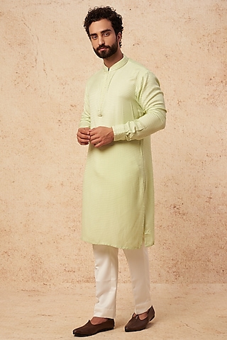 Pista Herringbone Pearl Embroidered Kurta Set by Sarab Khanijou