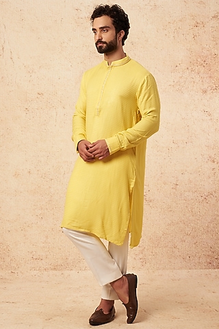 Yellow Suiting Hand Embroidered Kurta Set by Sarab Khanijou