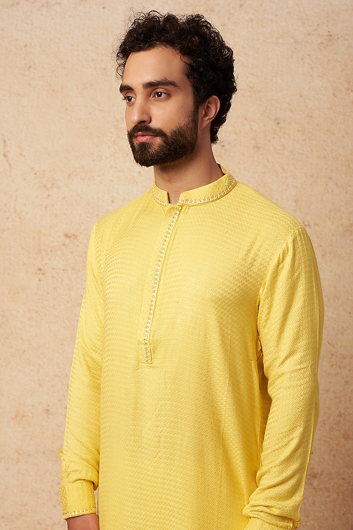 Yellow Suiting Hand Embroidered Kurta Set by Sarab Khanijou at Pernia's Pop Up Shop