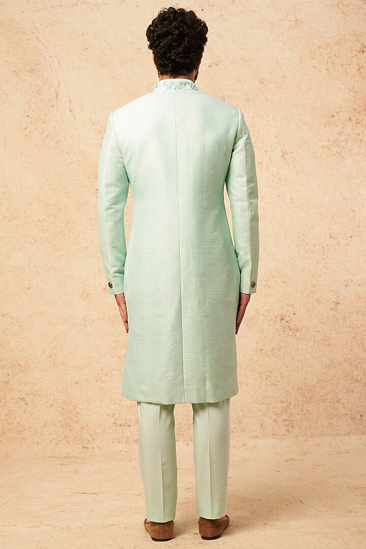 Aqua Raw Silk Embroidered Wedding Indowestern Set by Sarab Khanijou at Pernia's Pop Up Shop