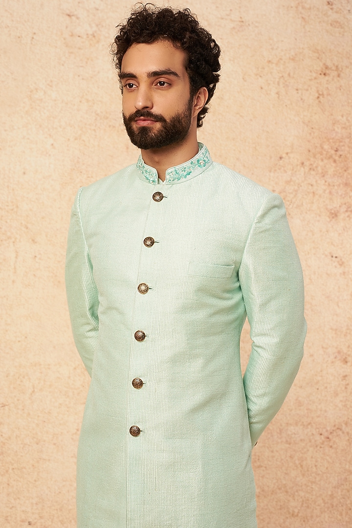 Aqua Raw Silk Embroidered Wedding Indowestern Set by Sarab Khanijou at Pernia's Pop Up Shop