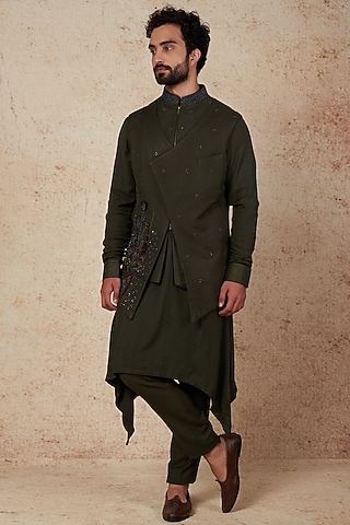 Olive Green Moss Crepe Threadwork Jacket Set by Sarab Khanijou