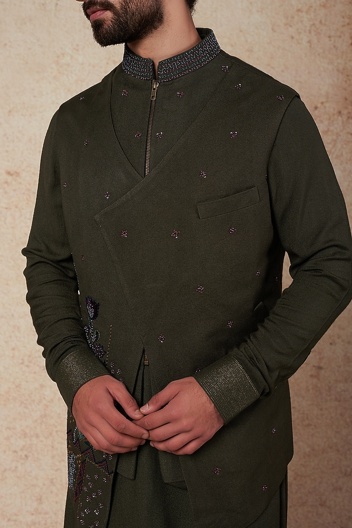 Olive Green Moss Crepe Threadwork Jacket Set by Sarab Khanijou at Pernia's Pop Up Shop