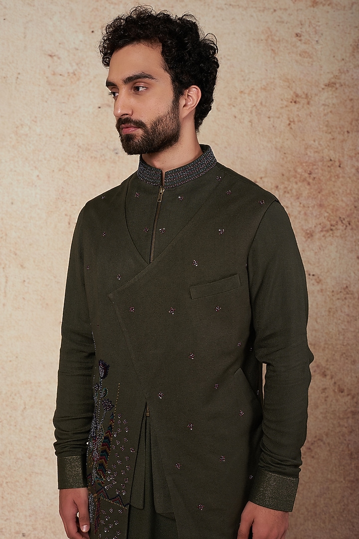 Olive Green Moss Crepe Threadwork Jacket Set by Sarab Khanijou at Pernia's Pop Up Shop