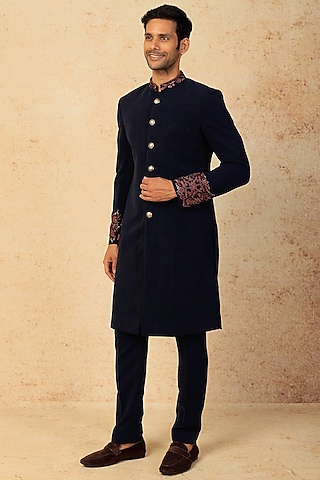 Navy Blue Sandwash Embroidered Indowestern Set by Sarab Khanijou