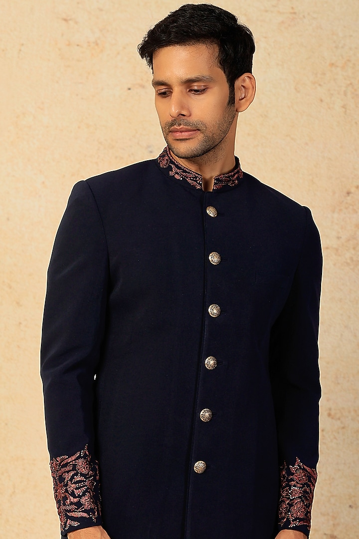 Navy Blue Sandwash Embroidered Wedding Indowestern Set by Sarab Khanijou at Pernia's Pop Up Shop