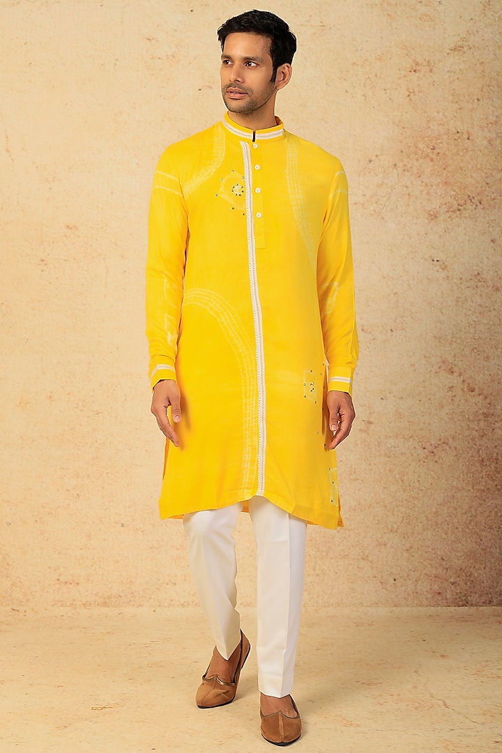 Yellow Embroidered Kurta Set by Sarab Khanijou