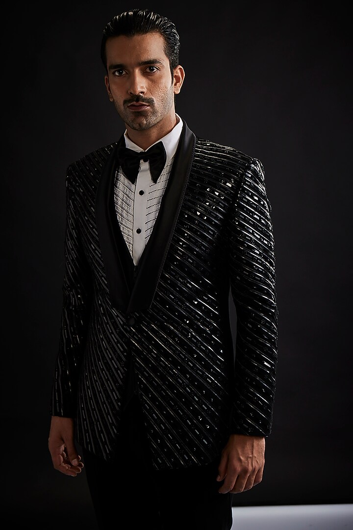 Black Sandwash Pearl Embroidered Tuxedo Set by Sarab Khanijou at Pernia's Pop Up Shop