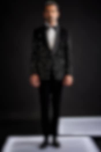 Black Sandwash Pearl Embroidered Tuxedo Set by Sarab Khanijou