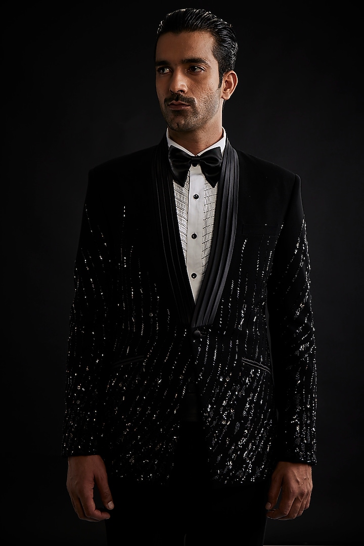 Black Sandwash Pearl Embroidered Tuxedo Set by Sarab Khanijou at Pernia's Pop Up Shop