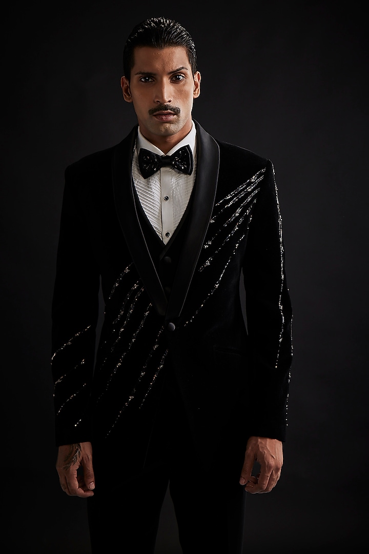 Black Velvet Placement Embroidered Tuxedo Set by Sarab Khanijou at Pernia's Pop Up Shop