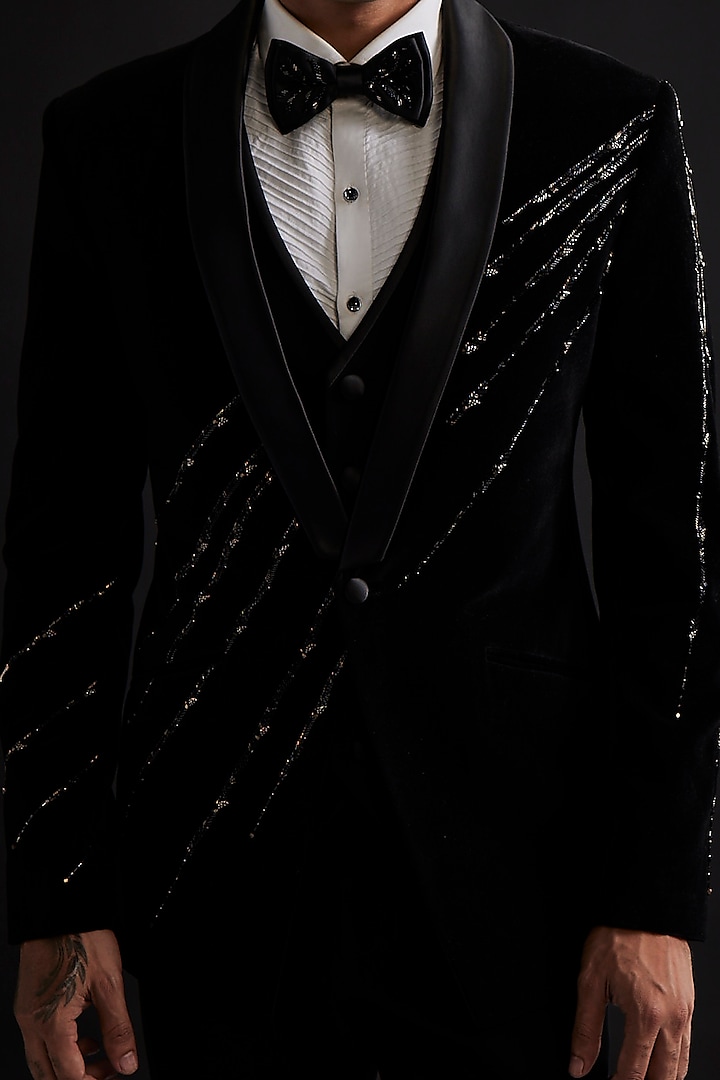 Black Velvet Placement Embroidered Tuxedo Set by Sarab Khanijou at Pernia's Pop Up Shop